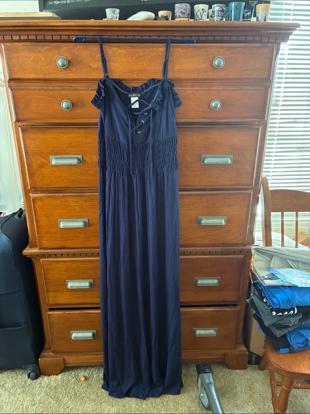 VENUS Navy Smocked Lace-Up Maxi Dress